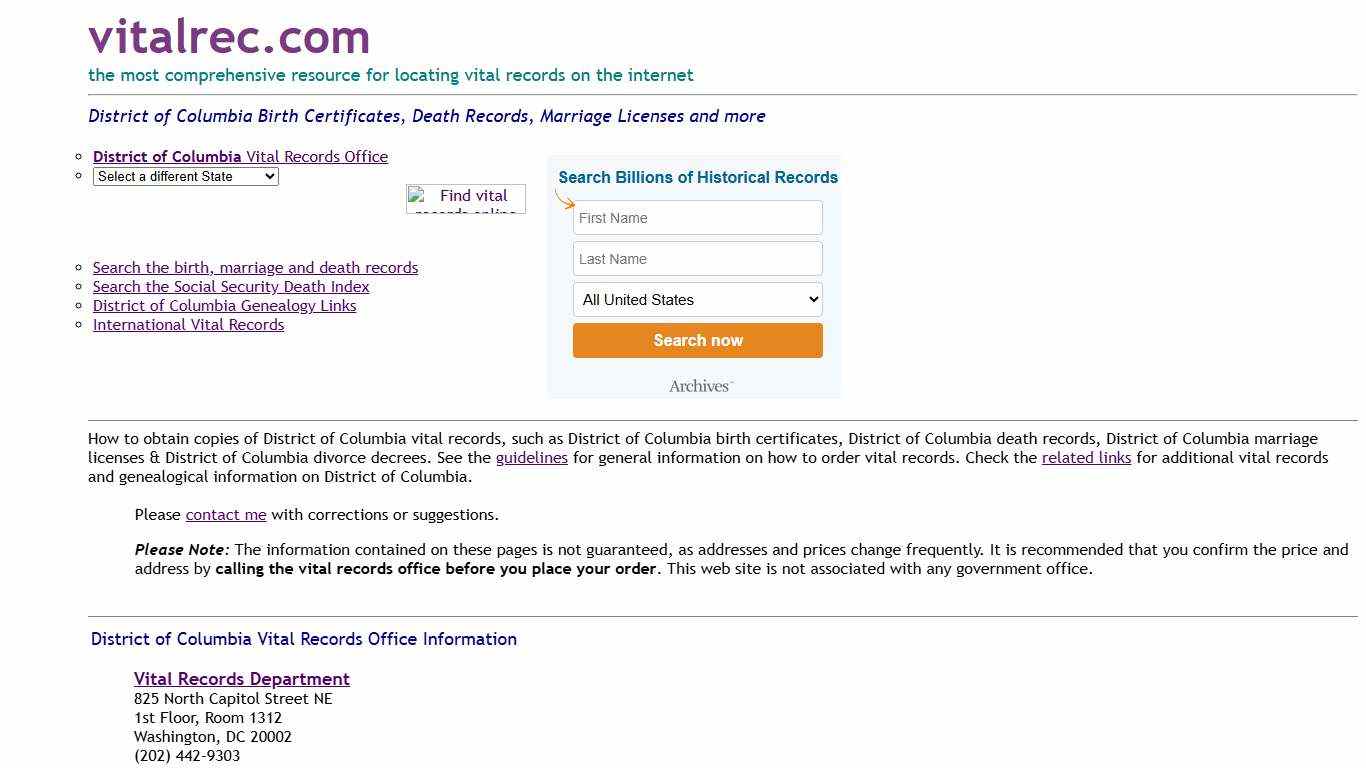 District of Columbia Birth Certificate, Death Record, Marriage license and other vital records