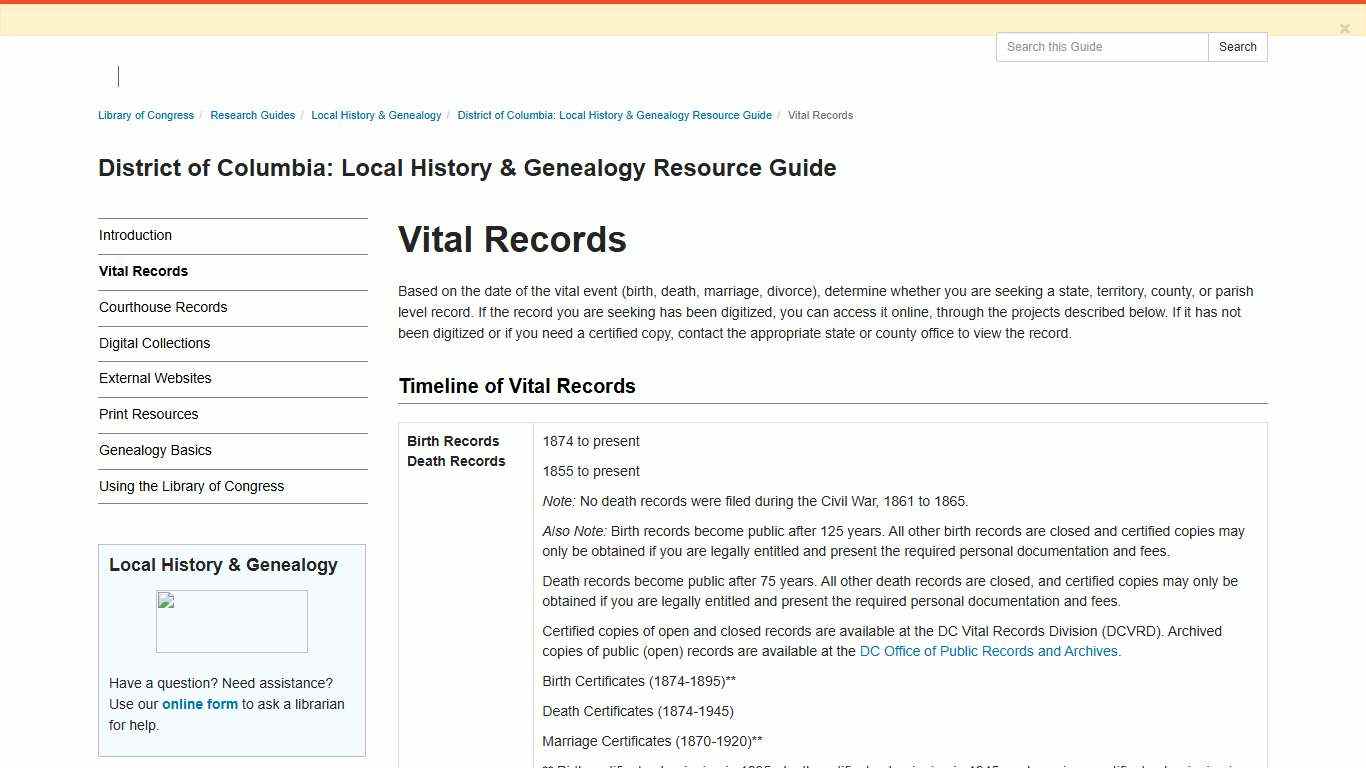 Vital Records - District of Columbia: Local History & Genealogy Resource Guide - Research Guides at Library of Congress